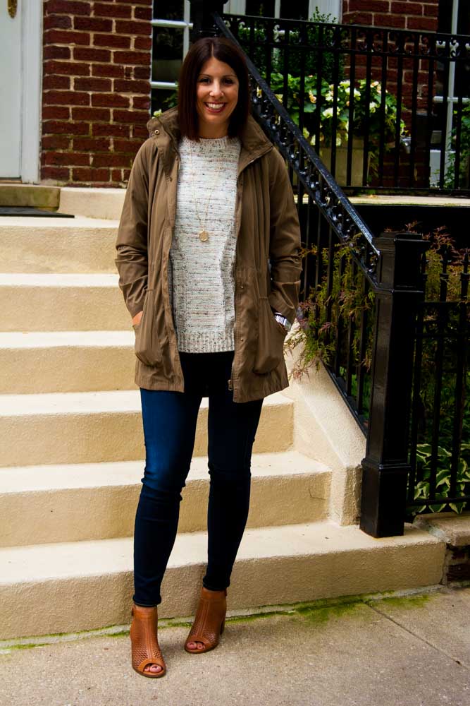 woman wearing grey shirt, jeans, and jacket for Currently Loving September Edition