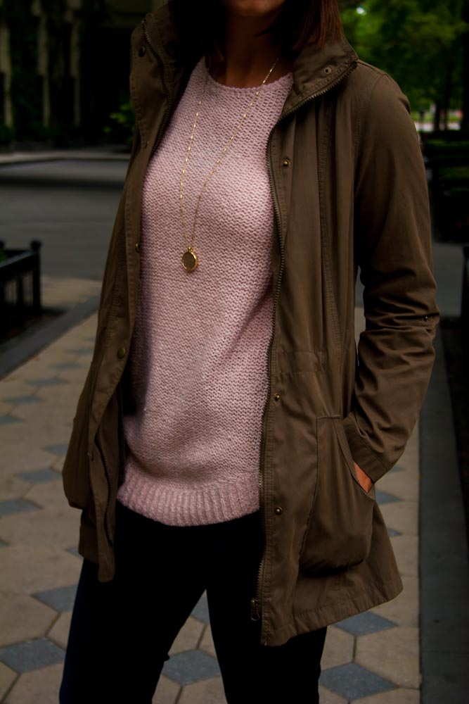 woman wearing in pink sweater and brown jacket for Currently Loving September Edition