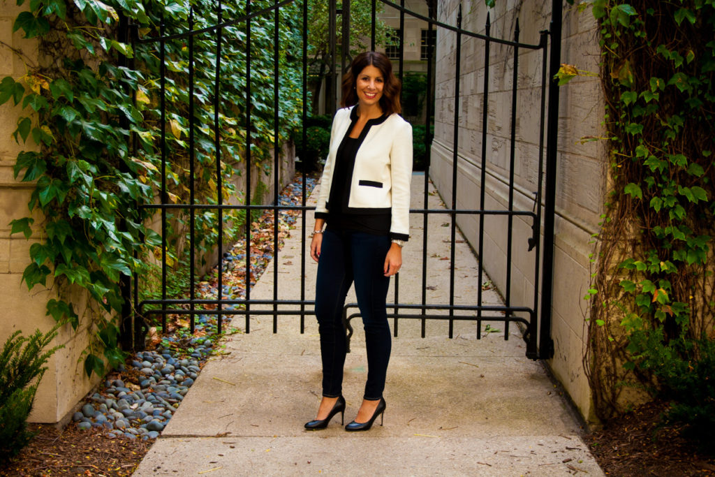 woman sharing Key Piece Review Blazers in black and white