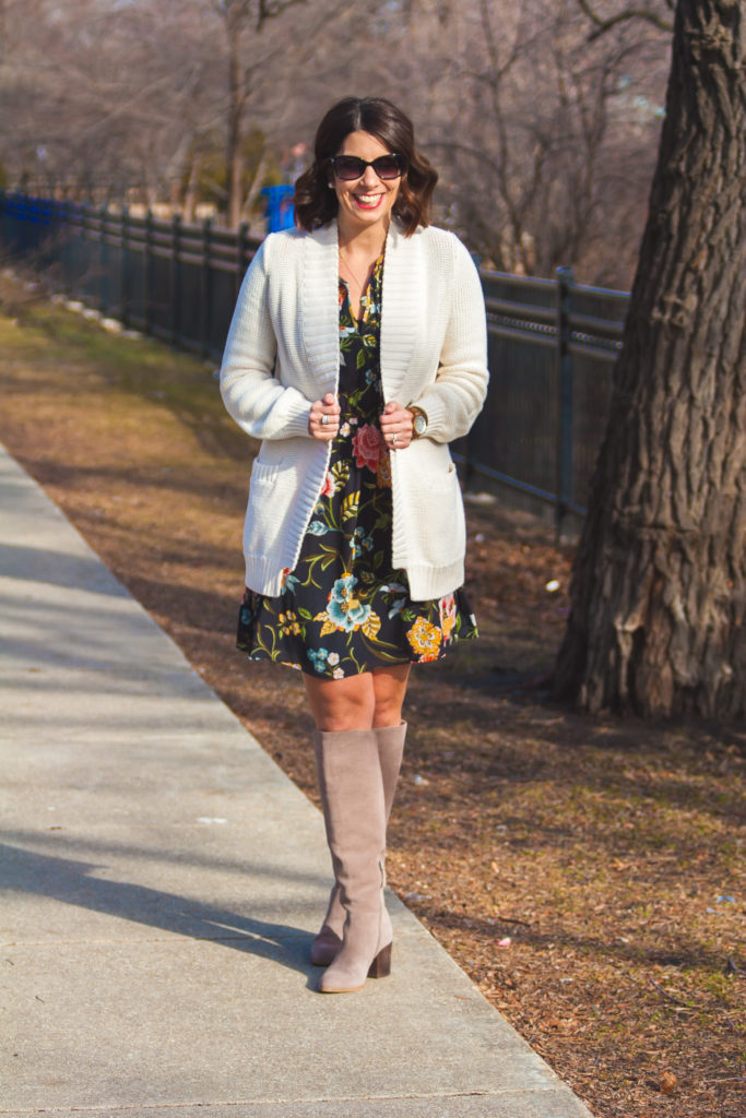 floral dress and sweater