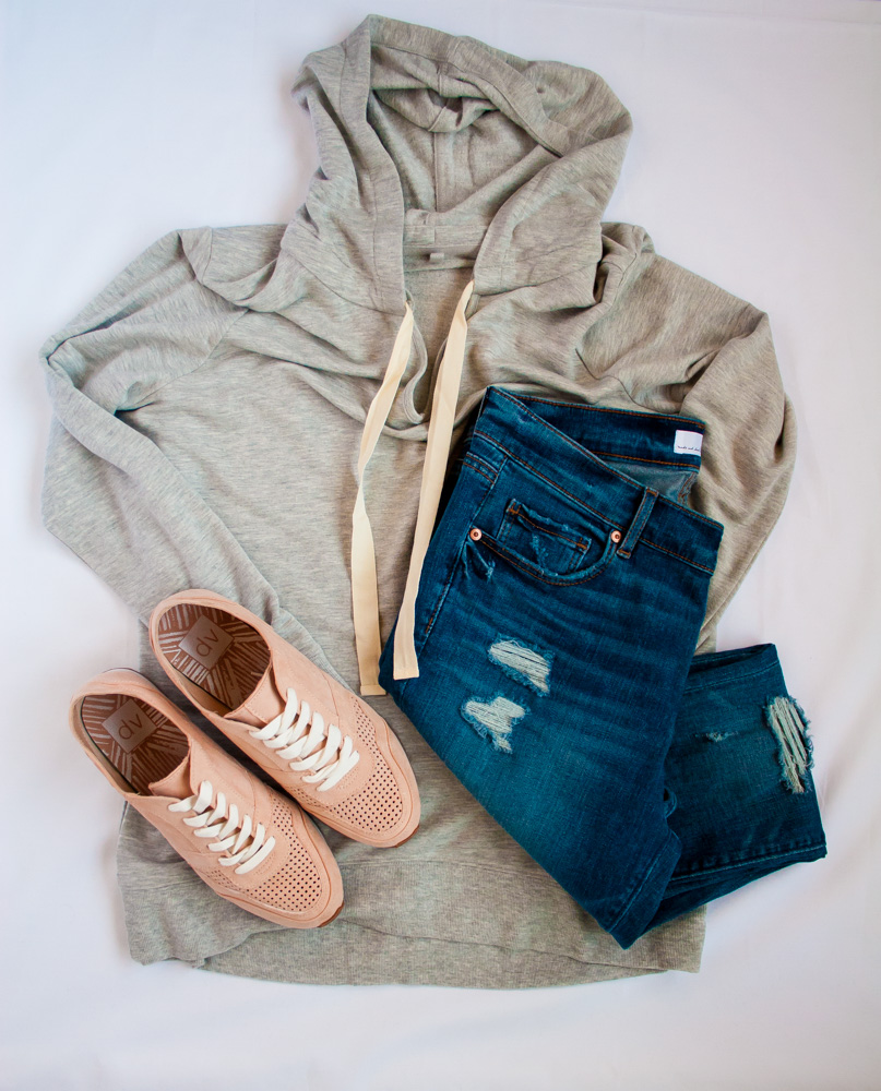 distress jeans and hoodie