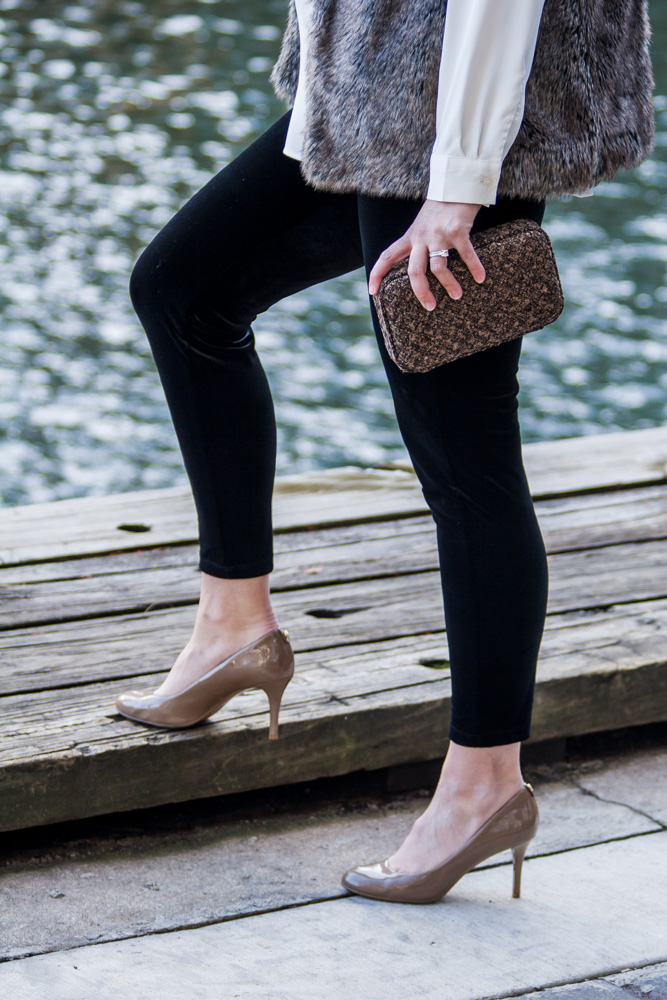 velvet leggings and fur vest