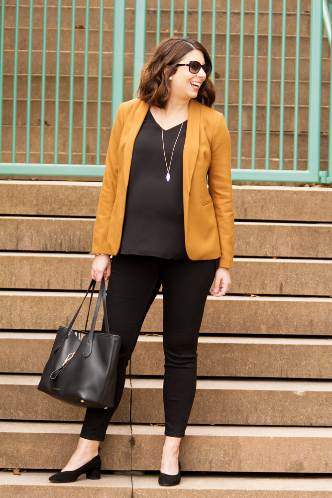 woman wearing camel colored preppy blazer