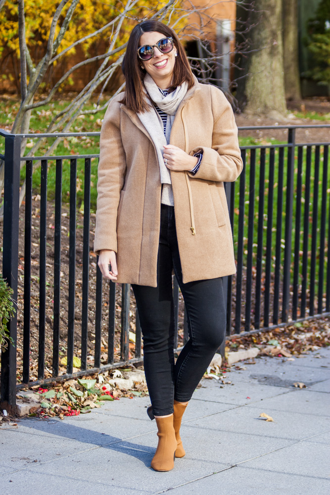 woman wearing J.Crew Winter Coat: The Cocoon Coat, jeans, and boots