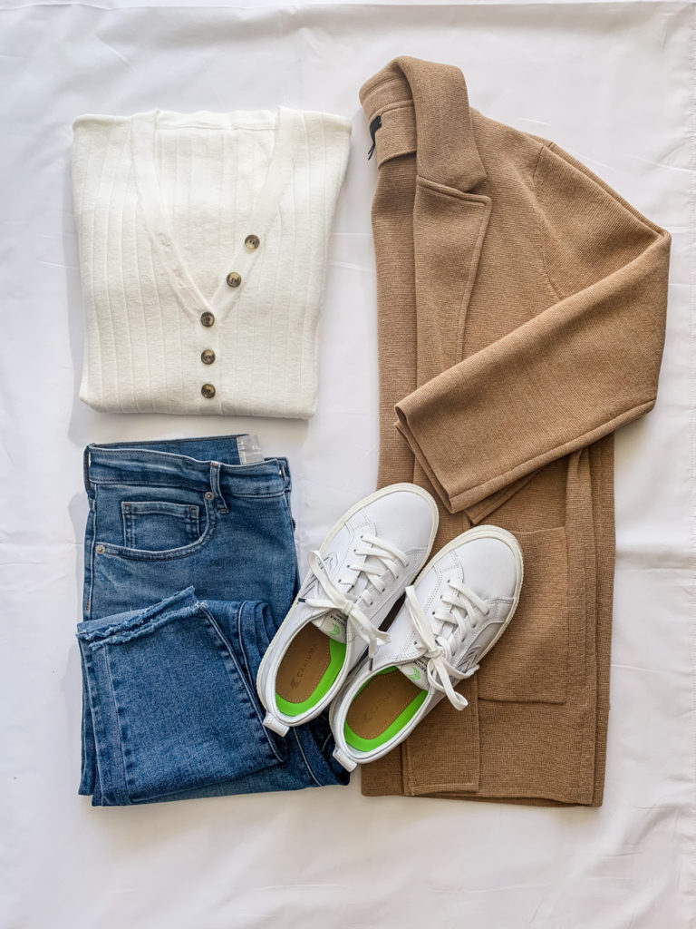 flatlay of Amazon Shirt, Khaki Sweater Blazer, Everlane Authentic Stretch Denim, White Sneakers  easy weekend outfits