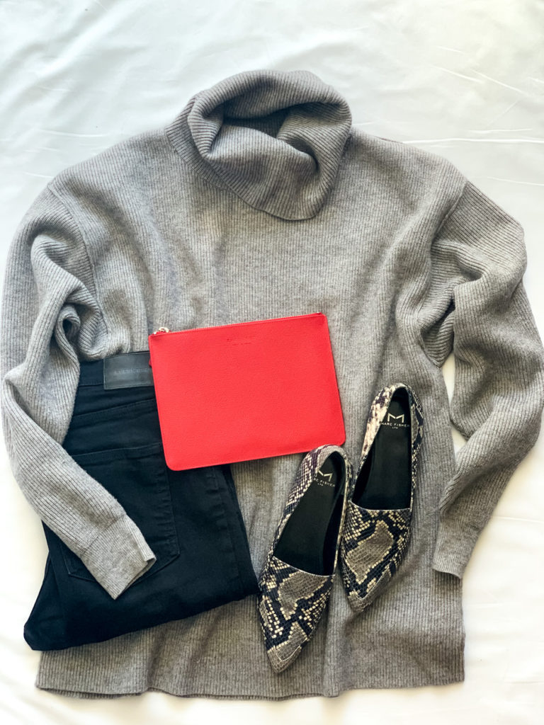 Oversized Turtleneck Sweater, Everlane Authentic Stretch Denim in Black, Snakeskin Shoes, Red Catch All easy weekend outfits