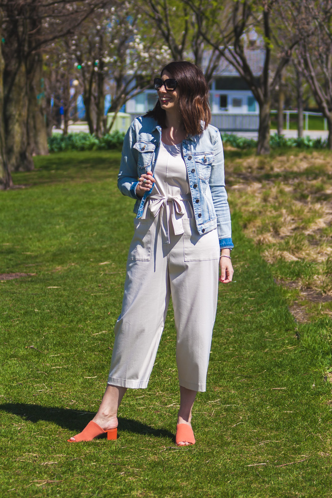 Jumpsuit outfit with denim jacket