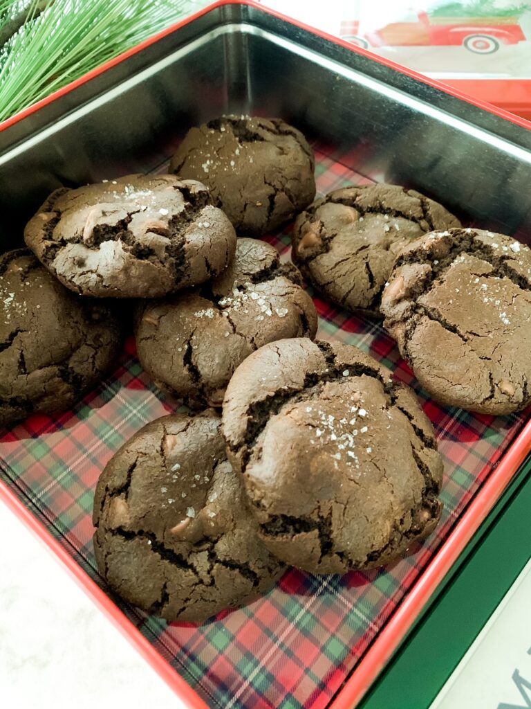 salted caramel chocolate chip cookie in a tin can 