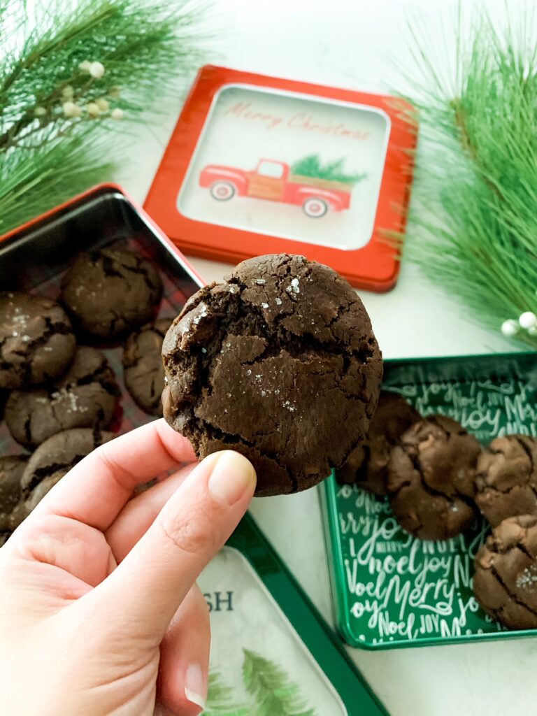 person holding a piece of salted caramel chocolate chip cookie