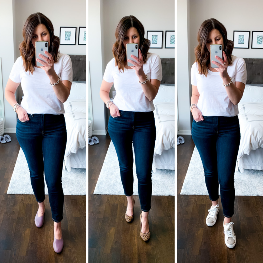 woman wearing Curvy Authentic Stretch High Rise Jean and white shirt