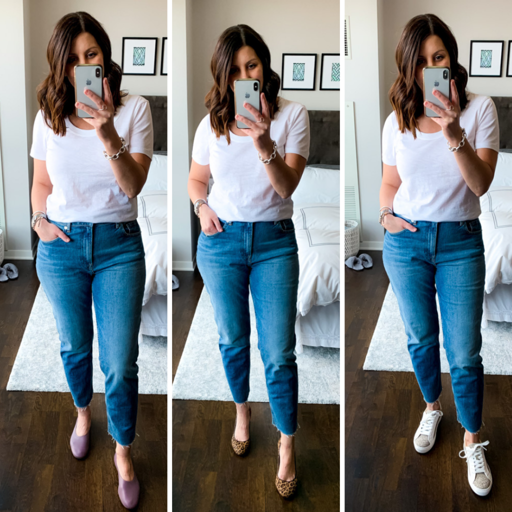 woman taking a selfie while wearing Everlane The Curvy Cheeky Straight Jean 