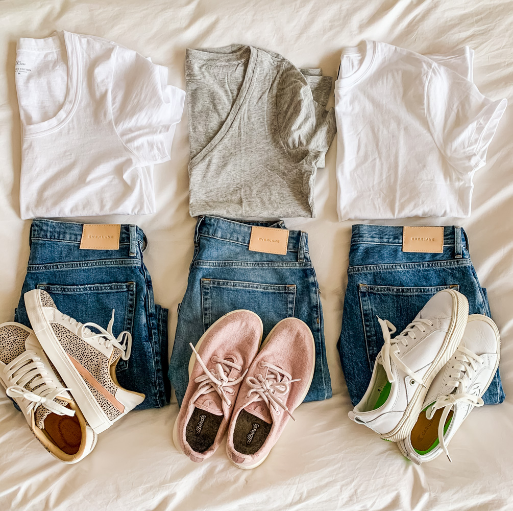 three flat lays of shirt, jeans, and sneakers from everlane denim guide