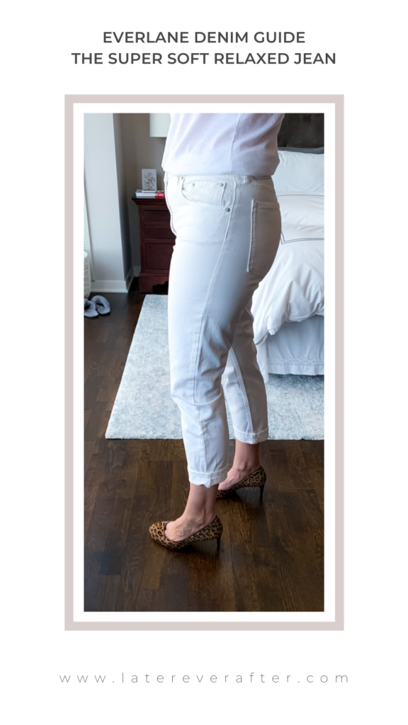 woman wearing Everlane The Super Soft Relaxed Jeans in white 