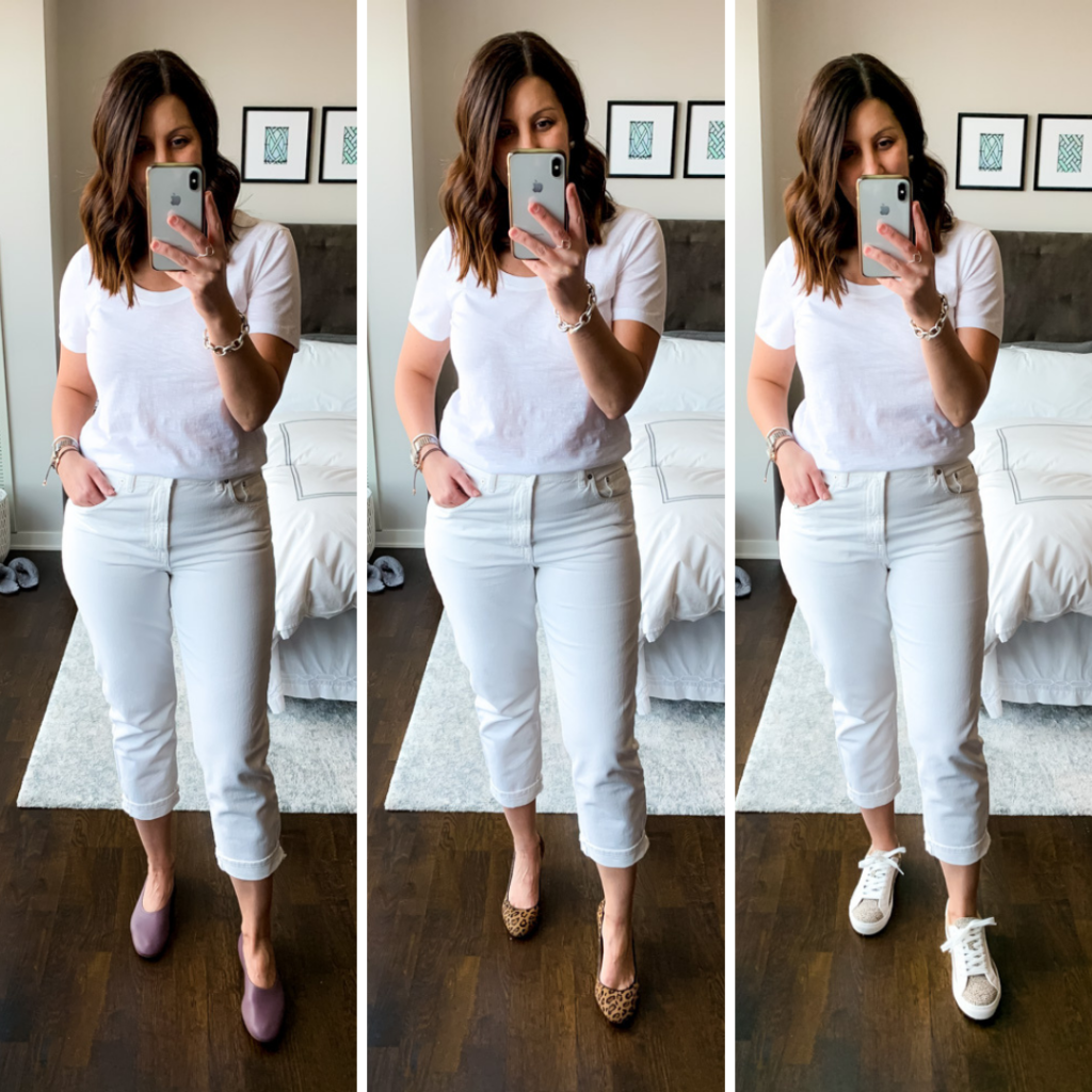 woman wearing white Super Soft Relaxed Jeans and white shirt
