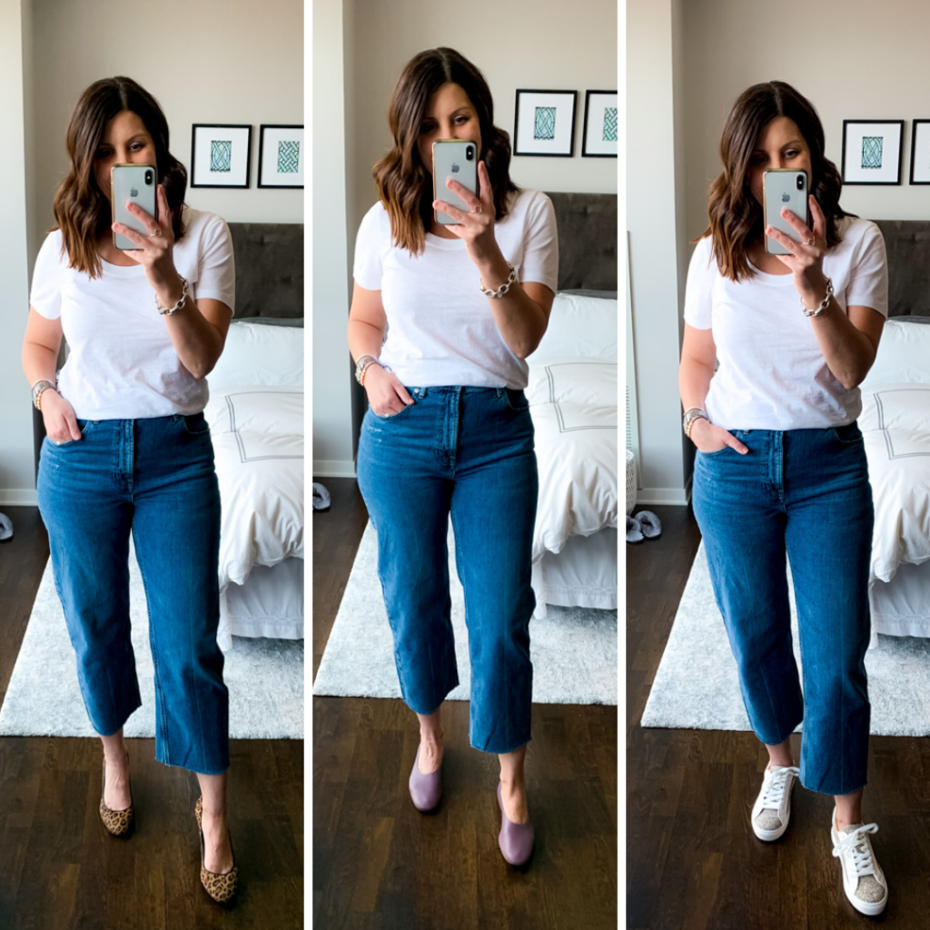 collage of photos woman wearing Everlane The Way High Jean 