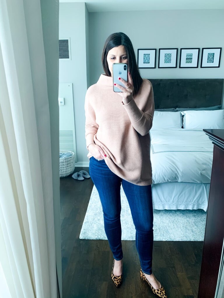 Slouchy Turtleneck + Jeans + Leopard Flats