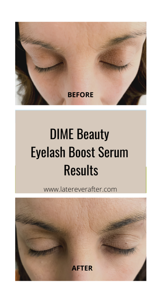 woman showing results of before and after using dime beauty eyelash boost