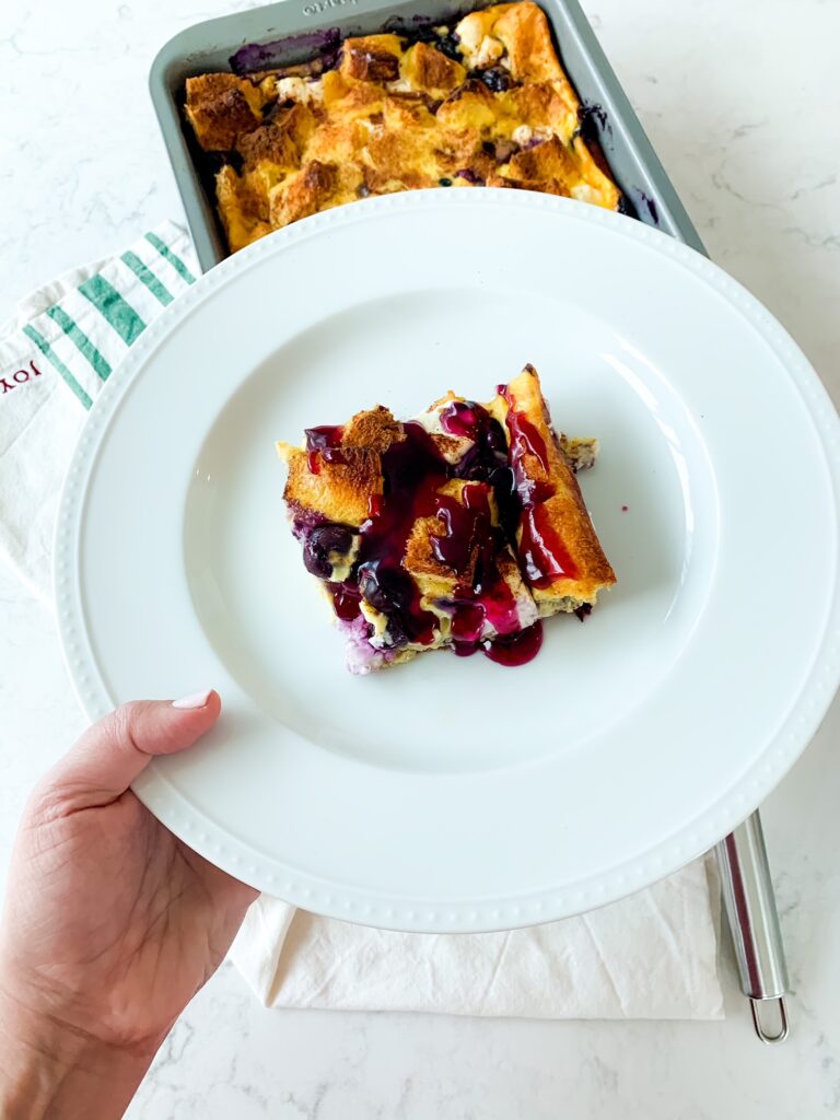 a slice of blueberry french toast for Sunday breakfast idea