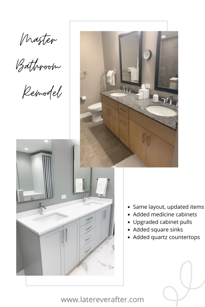 collage of master bathroom remodel results before and after sink design