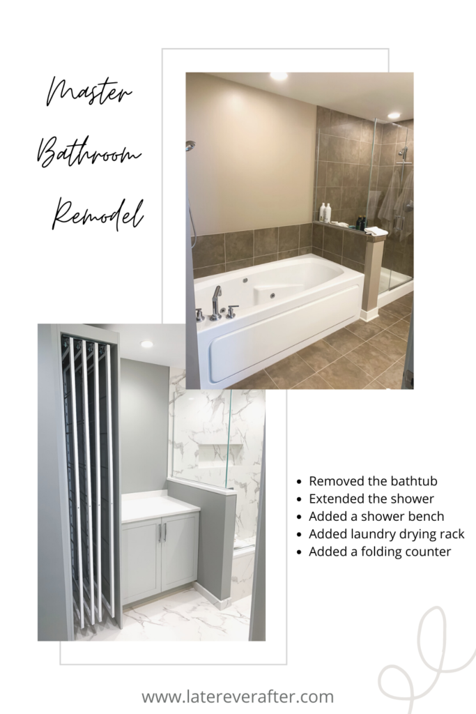 collage of master bathroom remodel with bath tub and cabinets in the photo