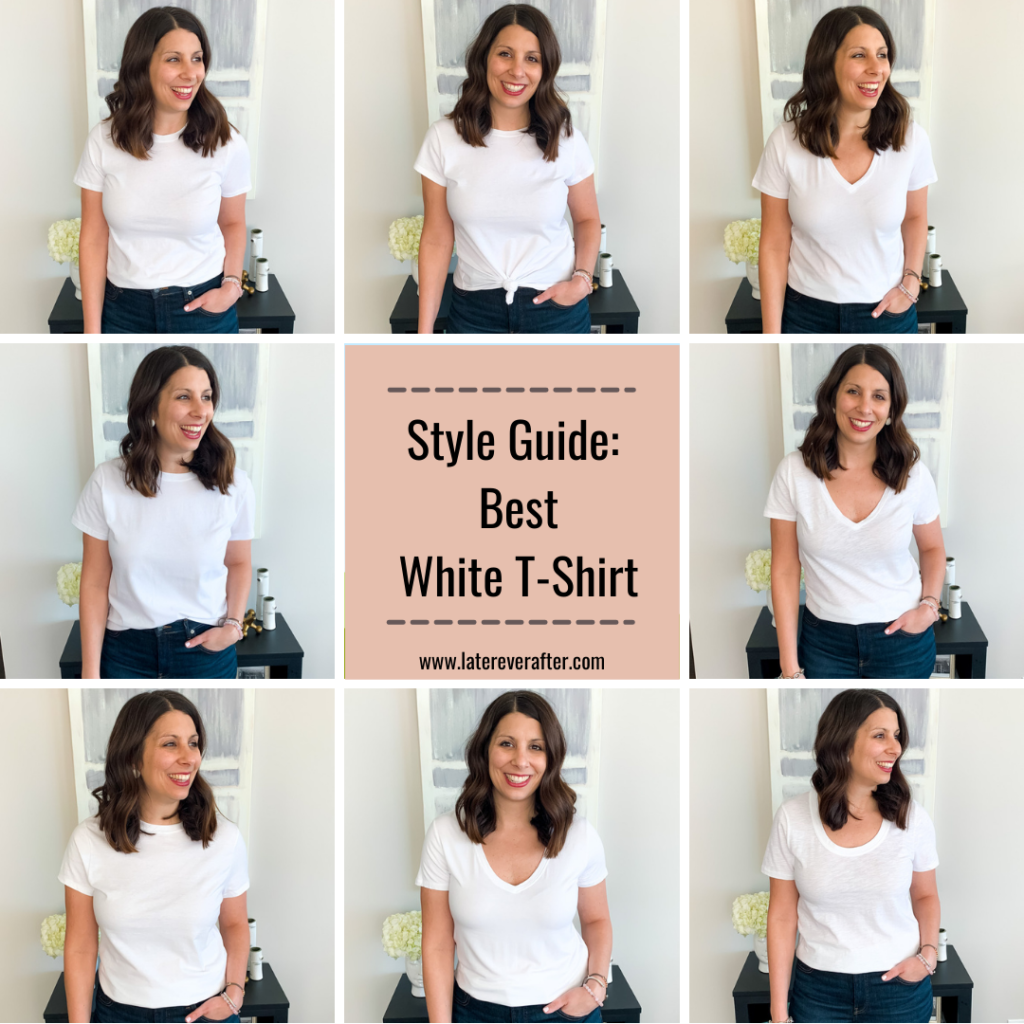 collage of images with a woman wearing different types of the best white t shirt