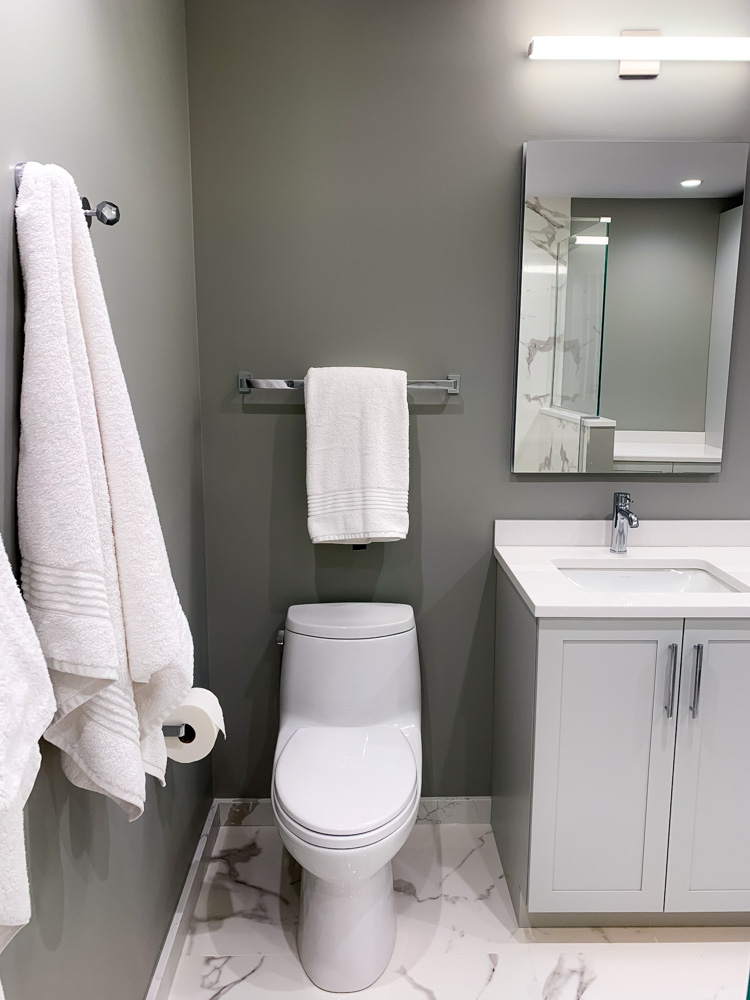 toilet bowl, hanging bath towels, mirror, and sink