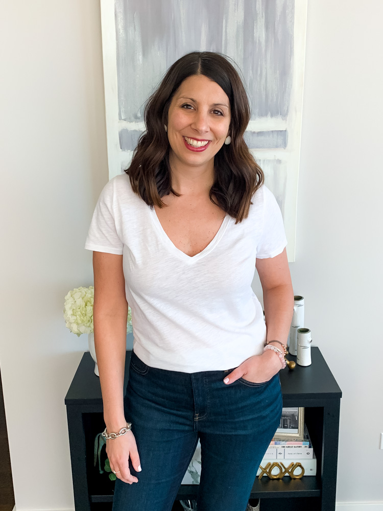 woman smiling and wearing J.Crew Vintage Cotton V-neck 