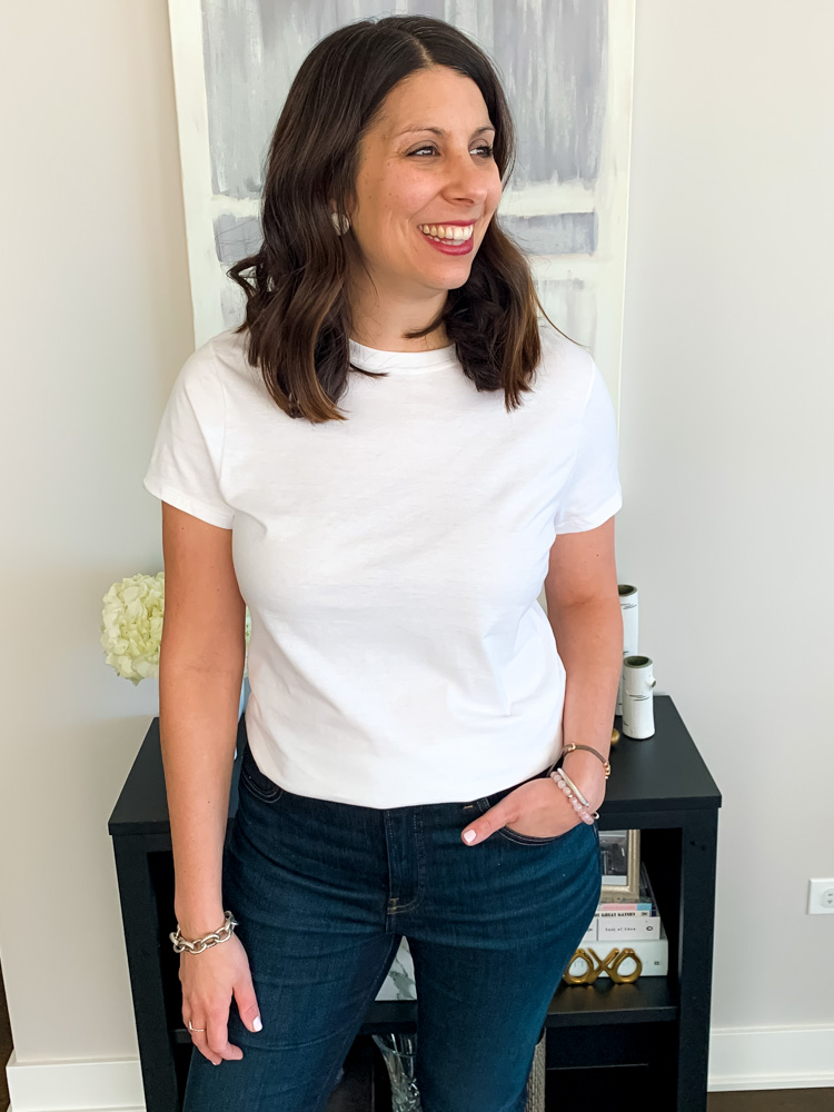 woman wearing one of best white t shirt from hanes