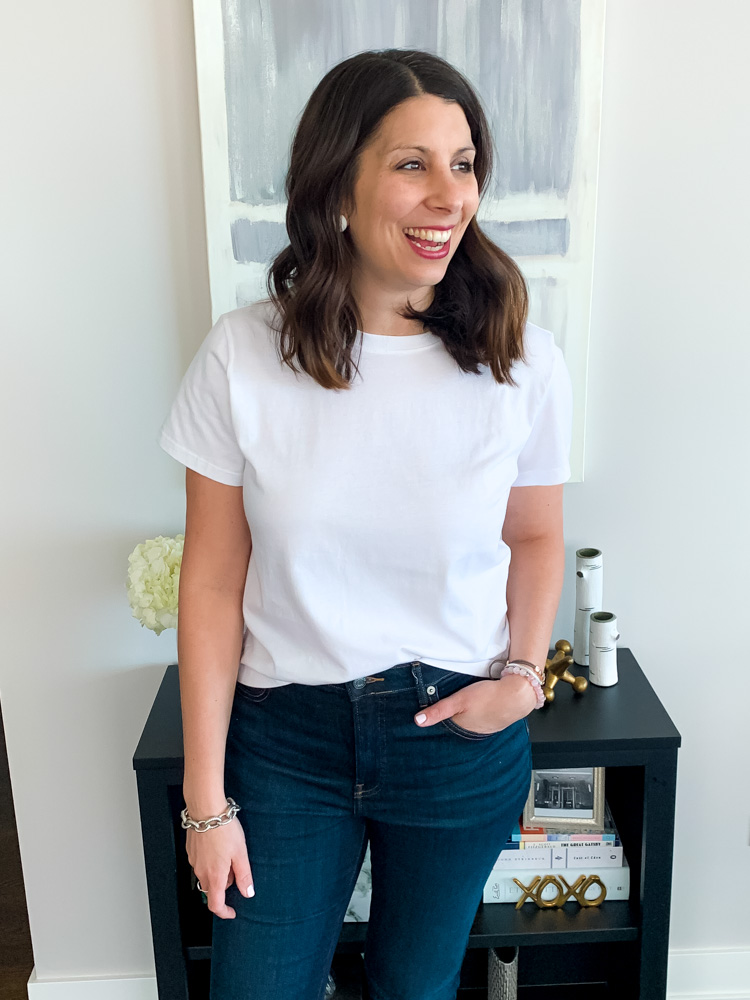 woman wearing jeans and one of the best white t shirt from Everlane Organic Box Cut Crew