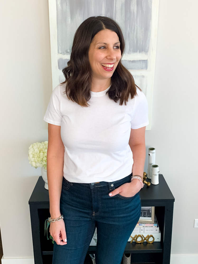 woman wearing one of the best white t shirt from everlane