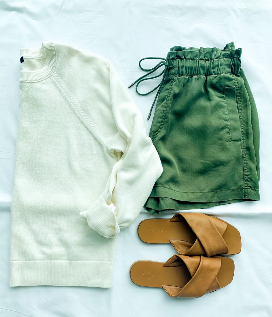 white sweater, flats, and green summer shorts outfits
