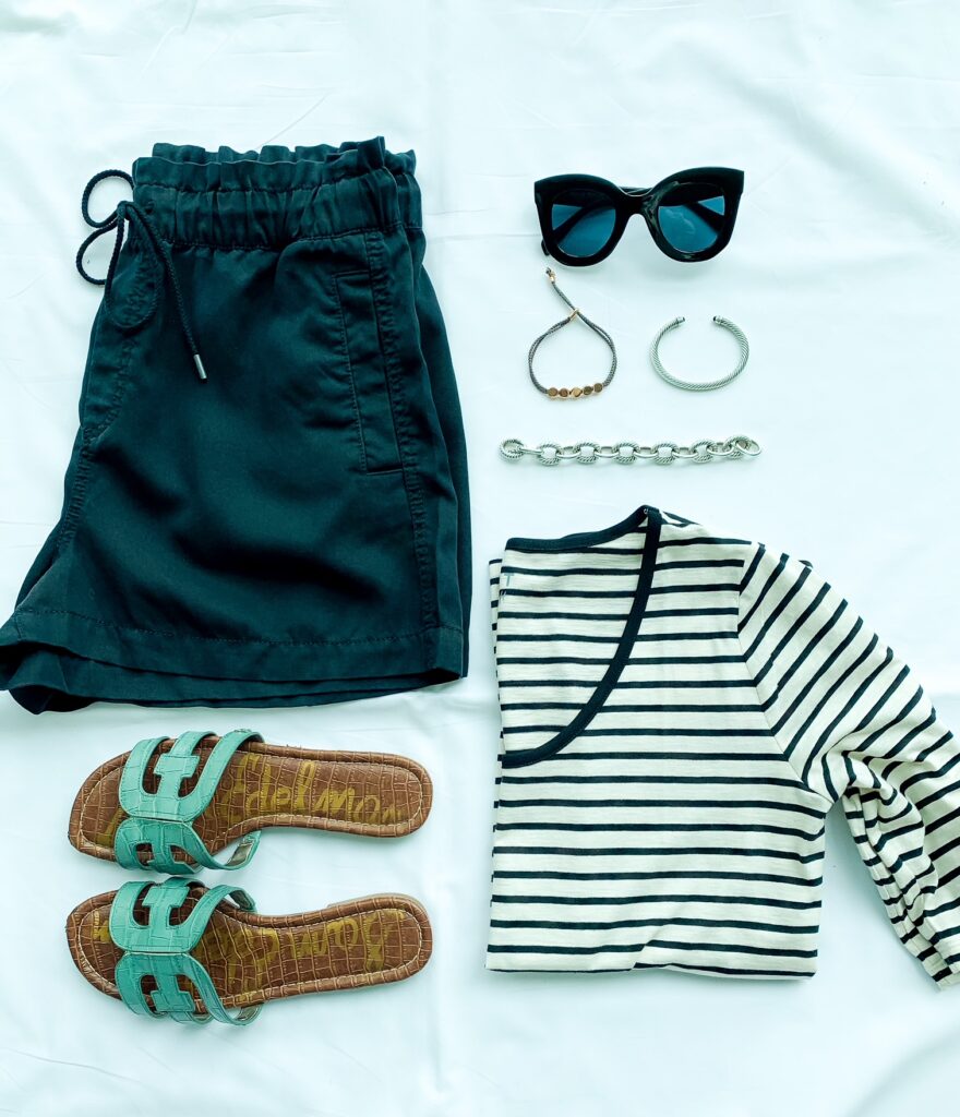 striped tshirt, black summer shorts outfit, and accessories