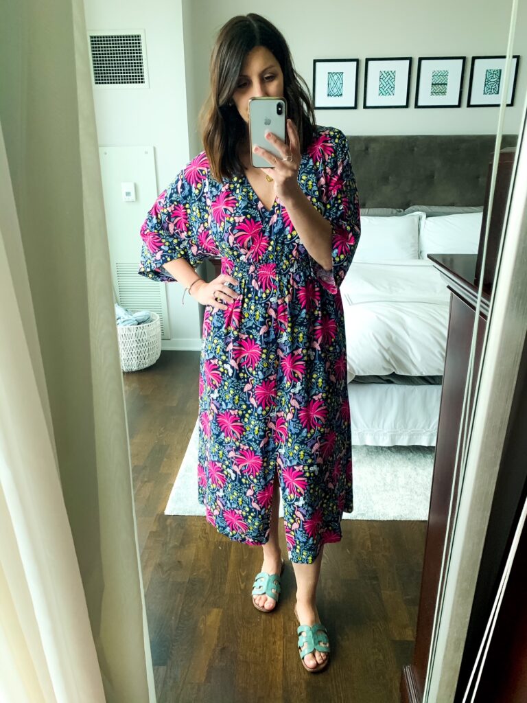 woman wearing boden midi dress