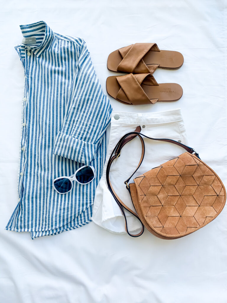 striped shirt, white shorts, bag, and flats