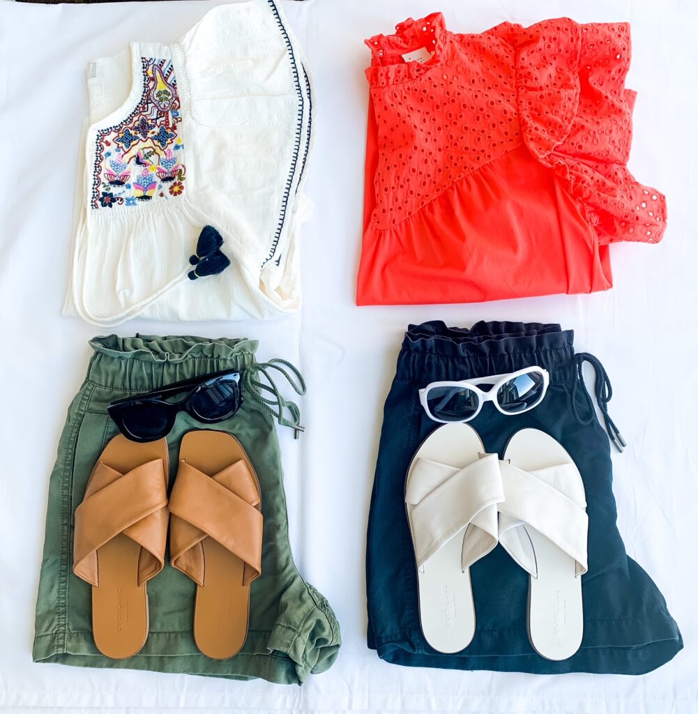 flatlay of tops and summer shorts outfits