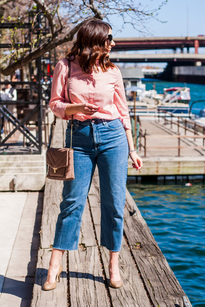 woman wearing stripe top and denim from everlane summer sale