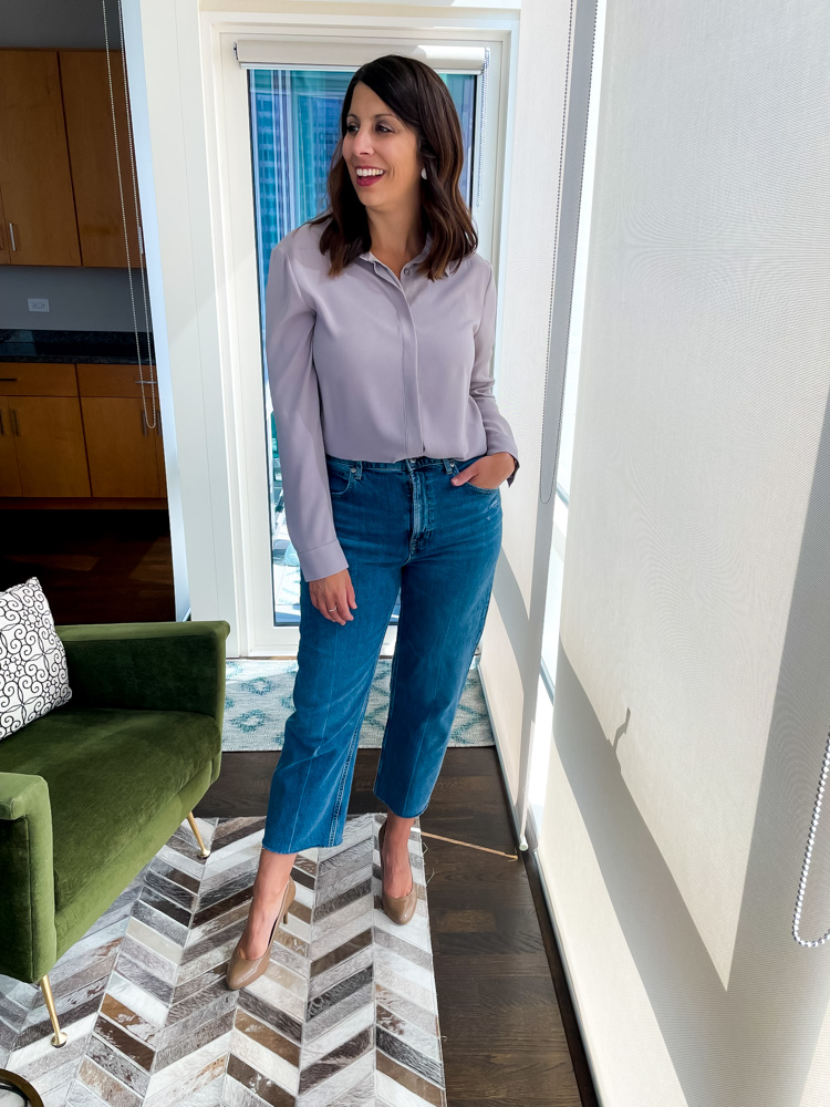 woman wearing denim pants and shirt