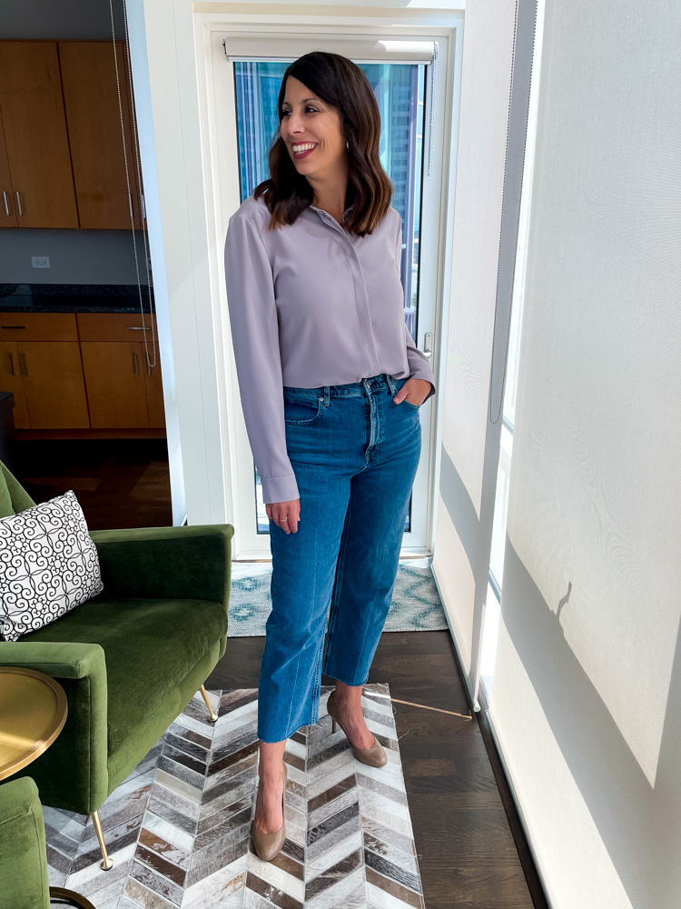 woman showing Style a Button Down Shirt with denim 