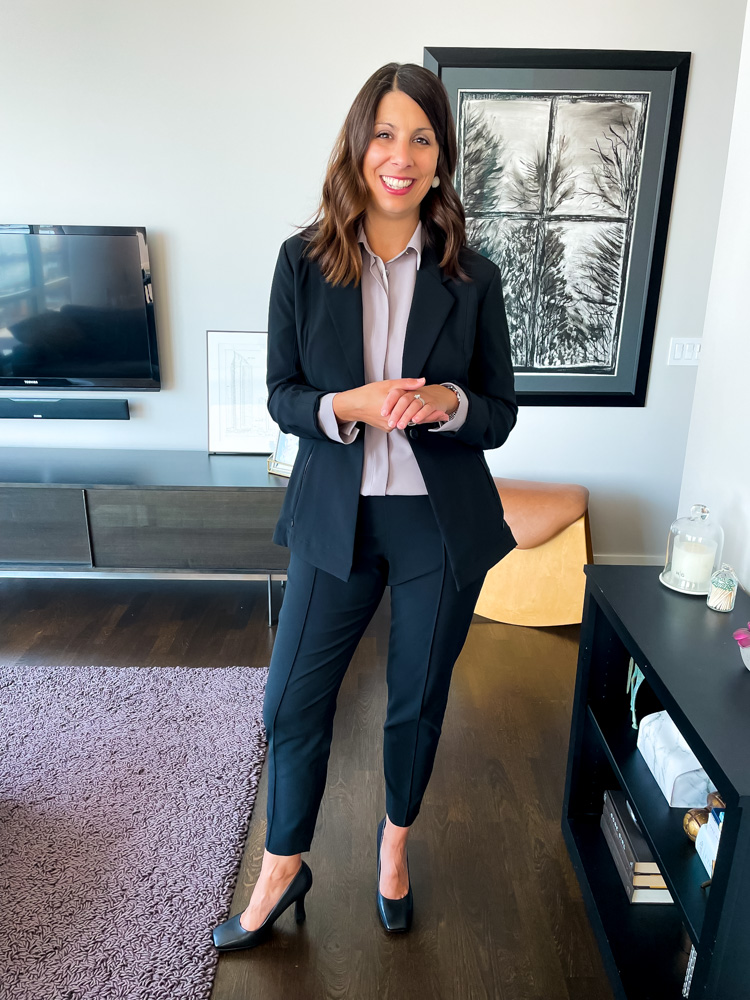 woman wearing shirt, blazer and pants 