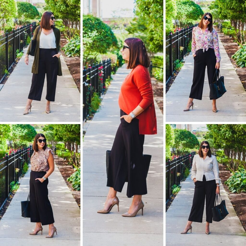 collage of how to style wide leg pants for work