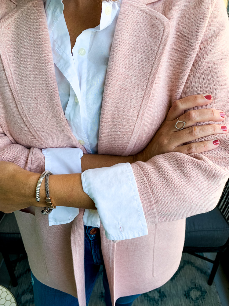 woman crossed arms and wearing j.crew eloise sweater blazer