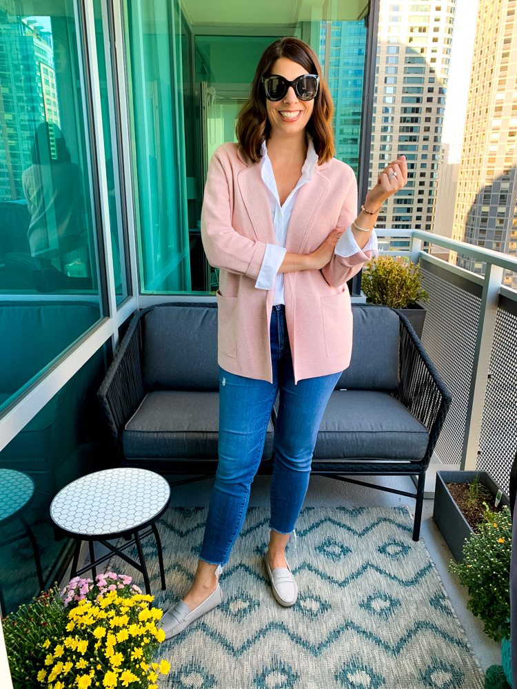 woman wearing j.crew eloise sweater blazer and jeans 