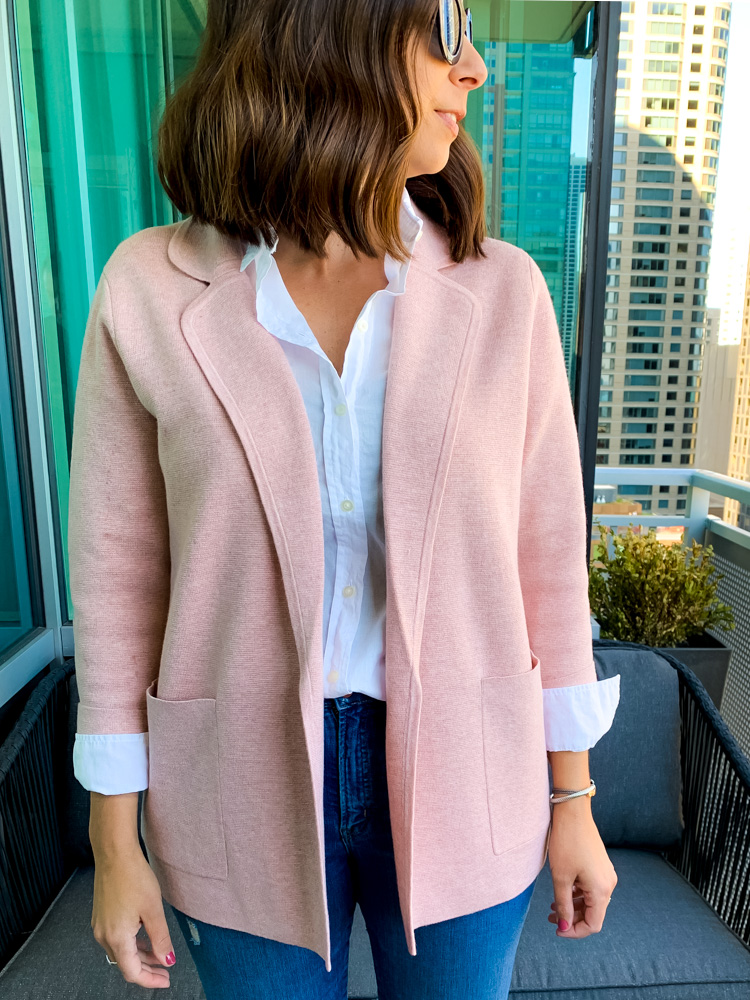 woman wearing j.crew eloise sweater blazer