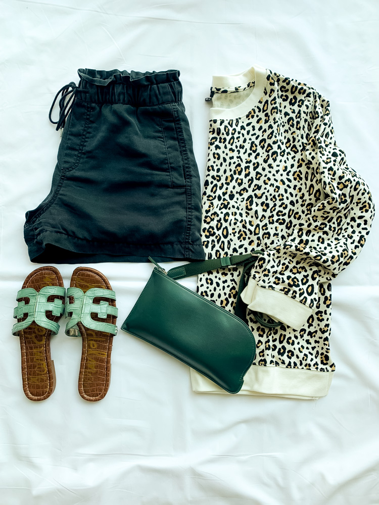 pieces to wear now and later shorts, leopard print jacket and sandals