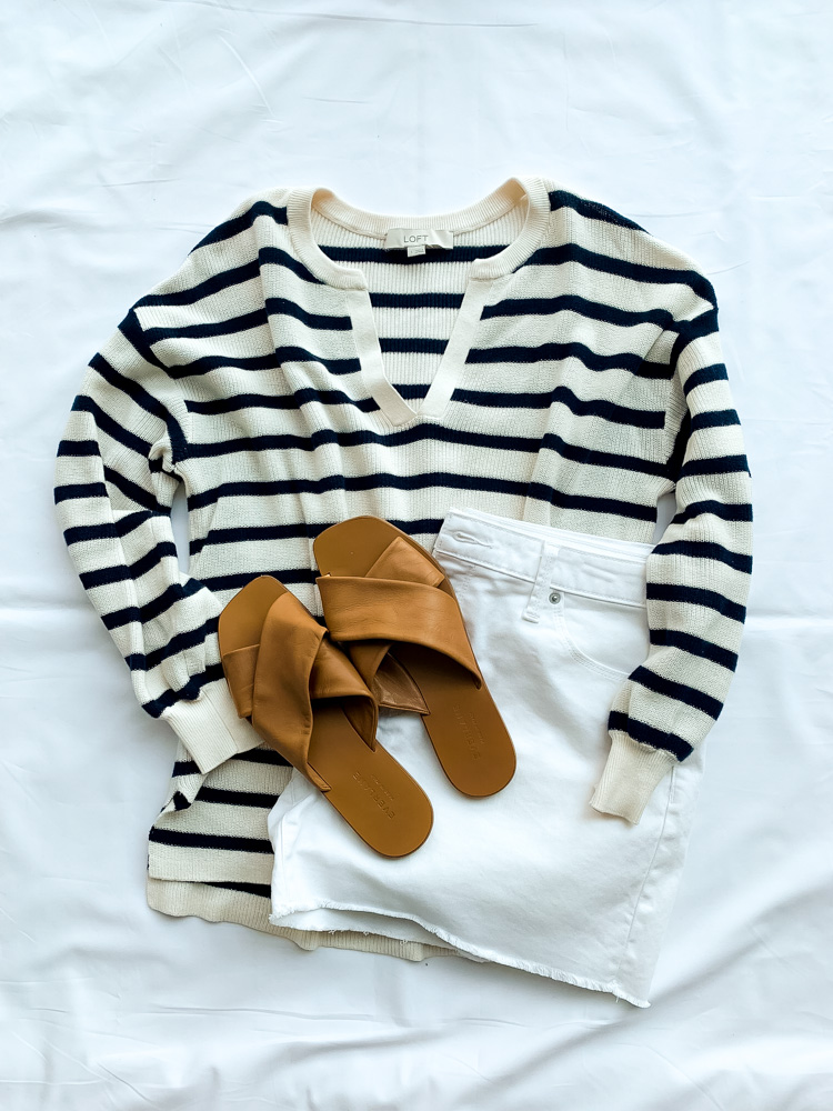 pieces to wear now and later Navy Stripe Sweater, white shorts, and flats