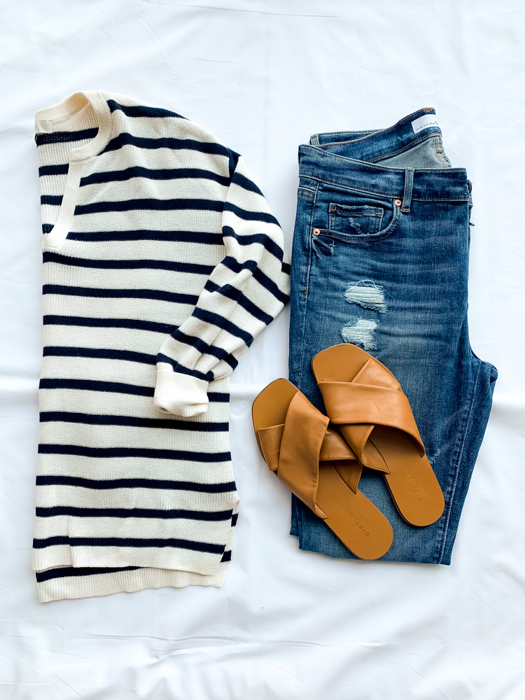 Navy Stripe Sweater, denim pants, and flats