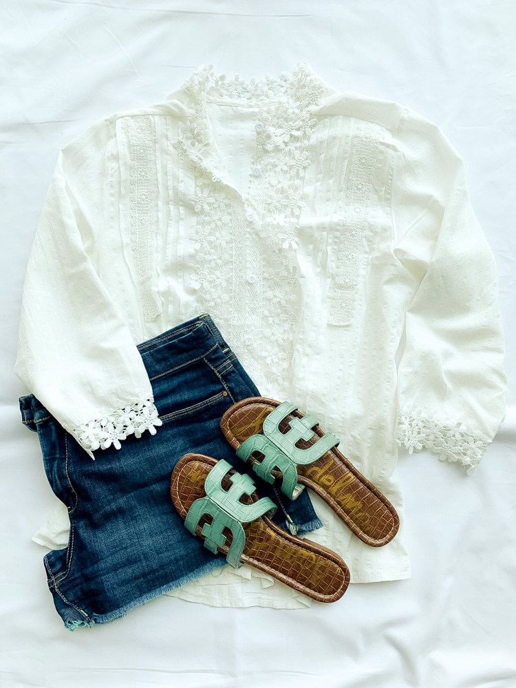 white blouse, denim shorts, slides for pieces to wear now and later 