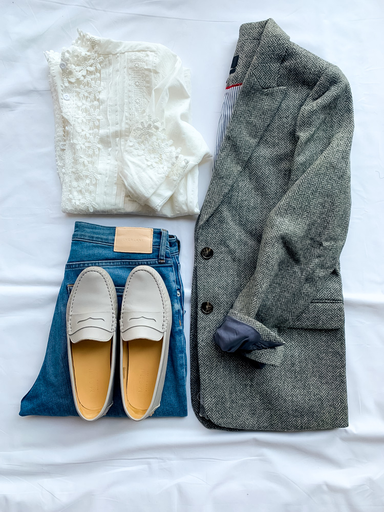 white blouse, blazer, jeans, and flatsa