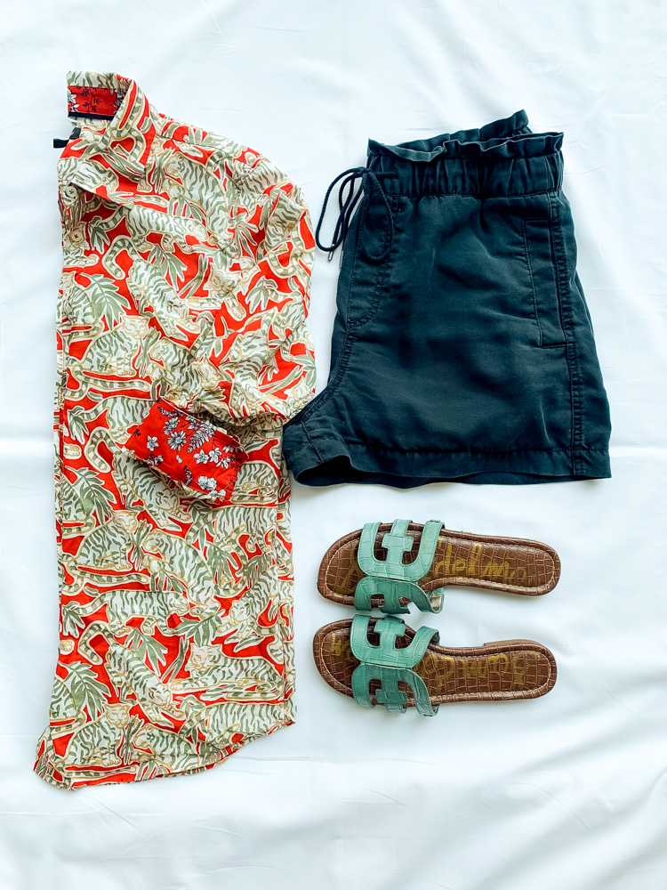pieces to wear now and later shorts, printed top, and sandals 
