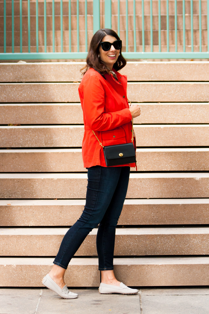 Side view of woman wearing Talbots Field Jacket